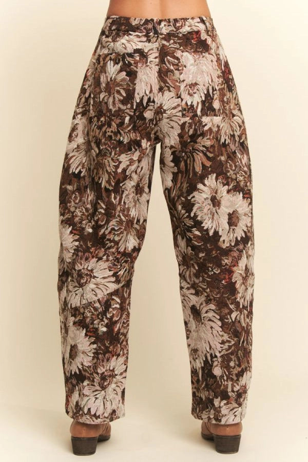 Boho Floral Jacquard Barrel Pants - Brown