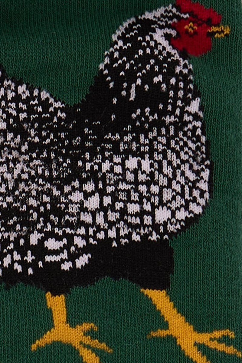 Knitted rooster design on a green background