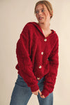Fuzzy Knit Hoodie Cardigan - Wine