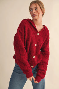 Fuzzy Knit Hoodie Cardigan - Wine