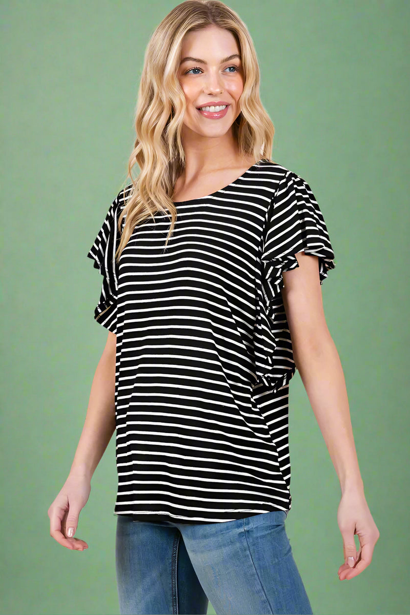 Stripe Ruffle Sleeve T-Shirt - Black