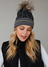 Gray, Black & Tan Patterned Pom Hat