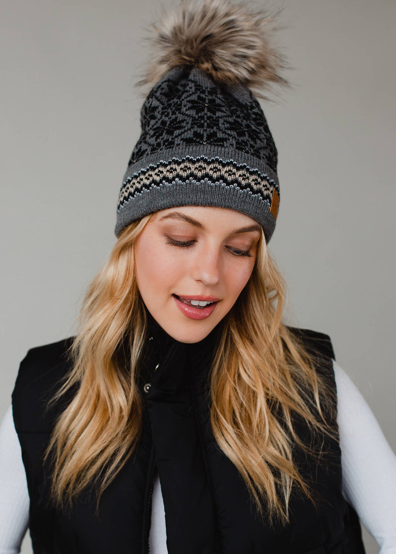 Gray, Black & Tan Patterned Pom Hat