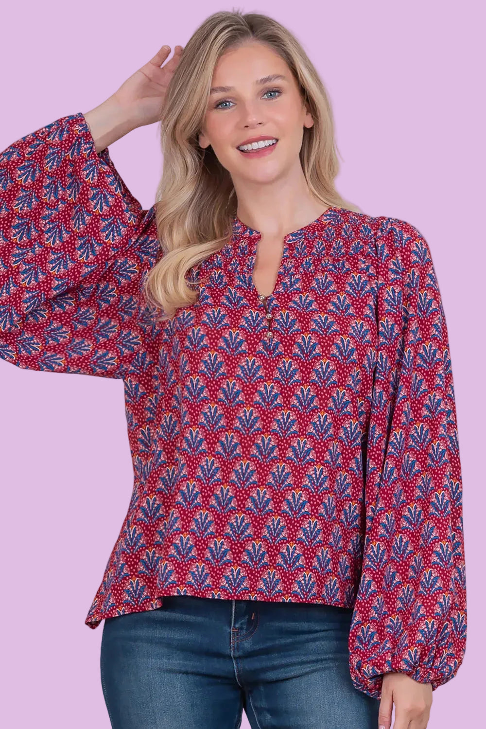 Smocking Shoulder Blouse - Burgundy