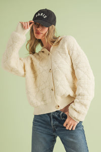Fuzzy Knit Hoodie Cardigan - Ivory