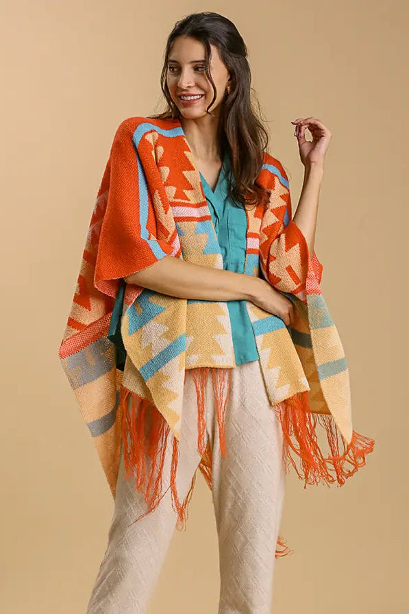 Shawl Open Front Vintage Pattern - Orange Mix
