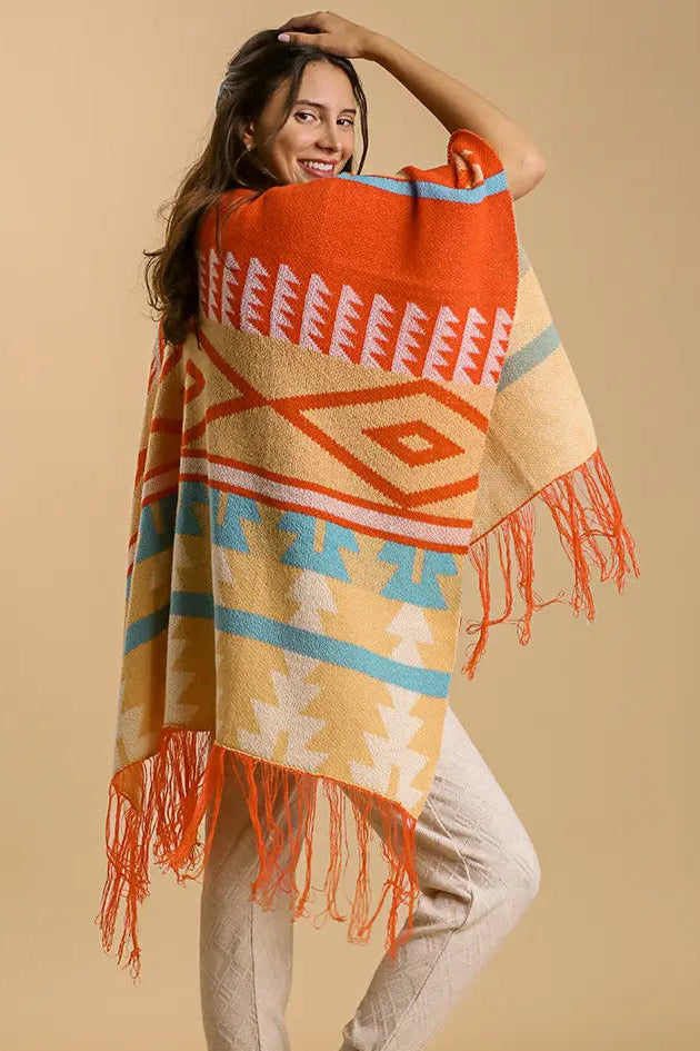 Shawl Open Front Vintage Pattern - Orange Mix