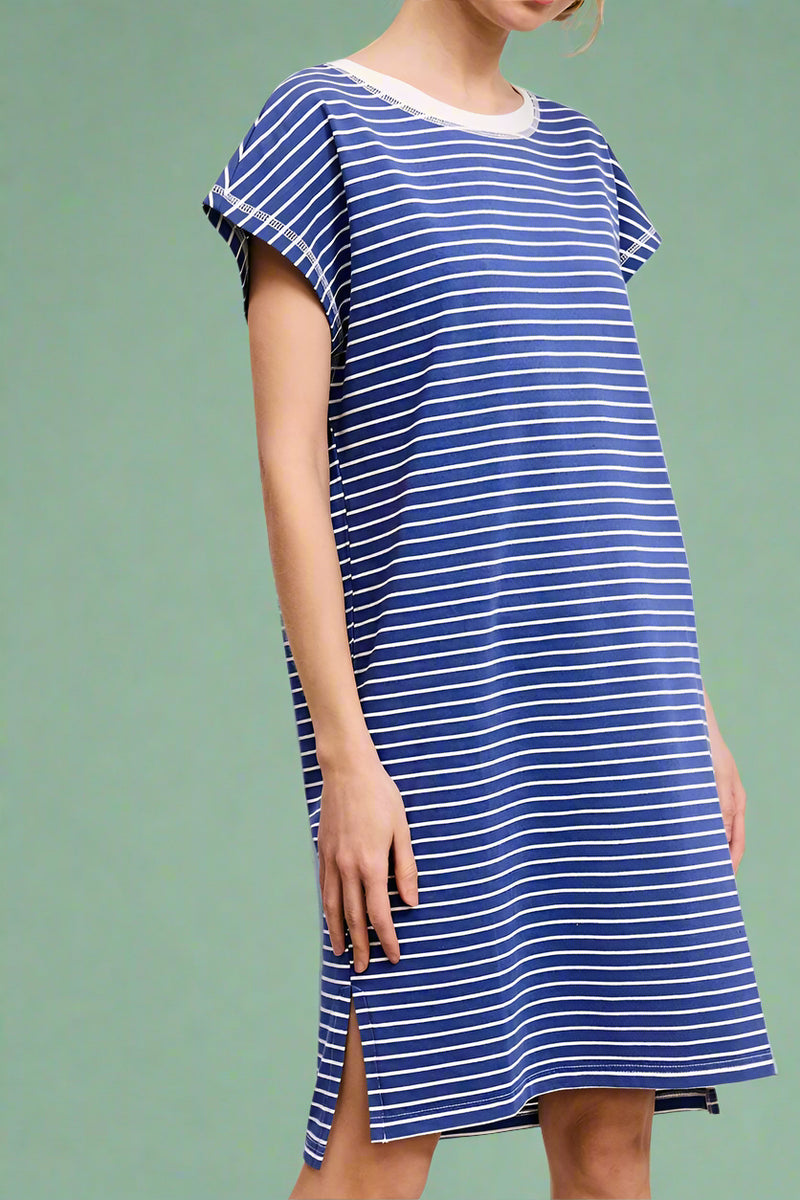 Side Slit Striped T Shirt Dress - Royal