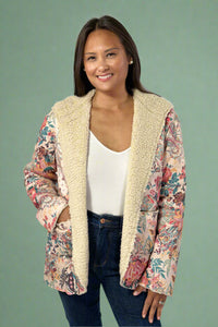 Paisley Floral Sherpa Hooded Jacket - Beige