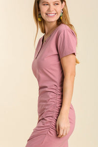 Button Detail Dress Ruched Side - Dusty Rose