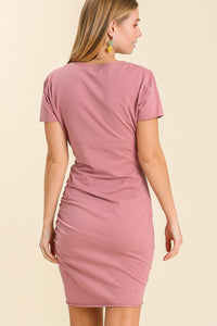 Button Detail Dress Ruched Side - Dusty Rose