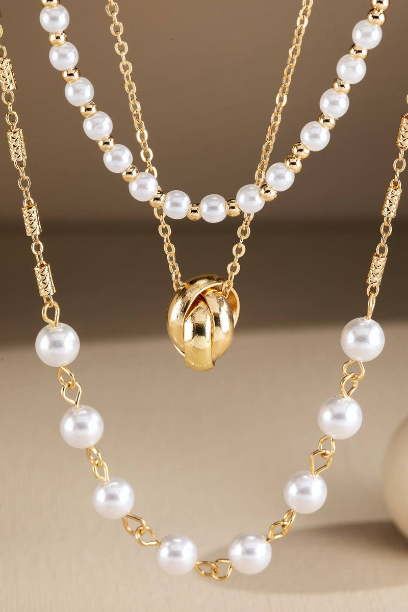 Triple Layer Pearl Chain Link Necklace - Silver