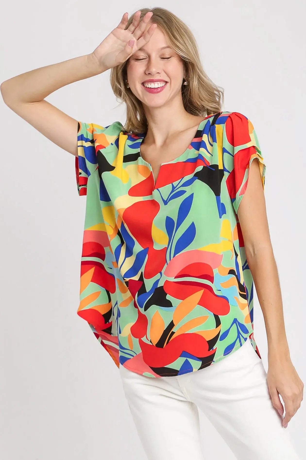 Short Sleeved Abstract Print Top - Mint