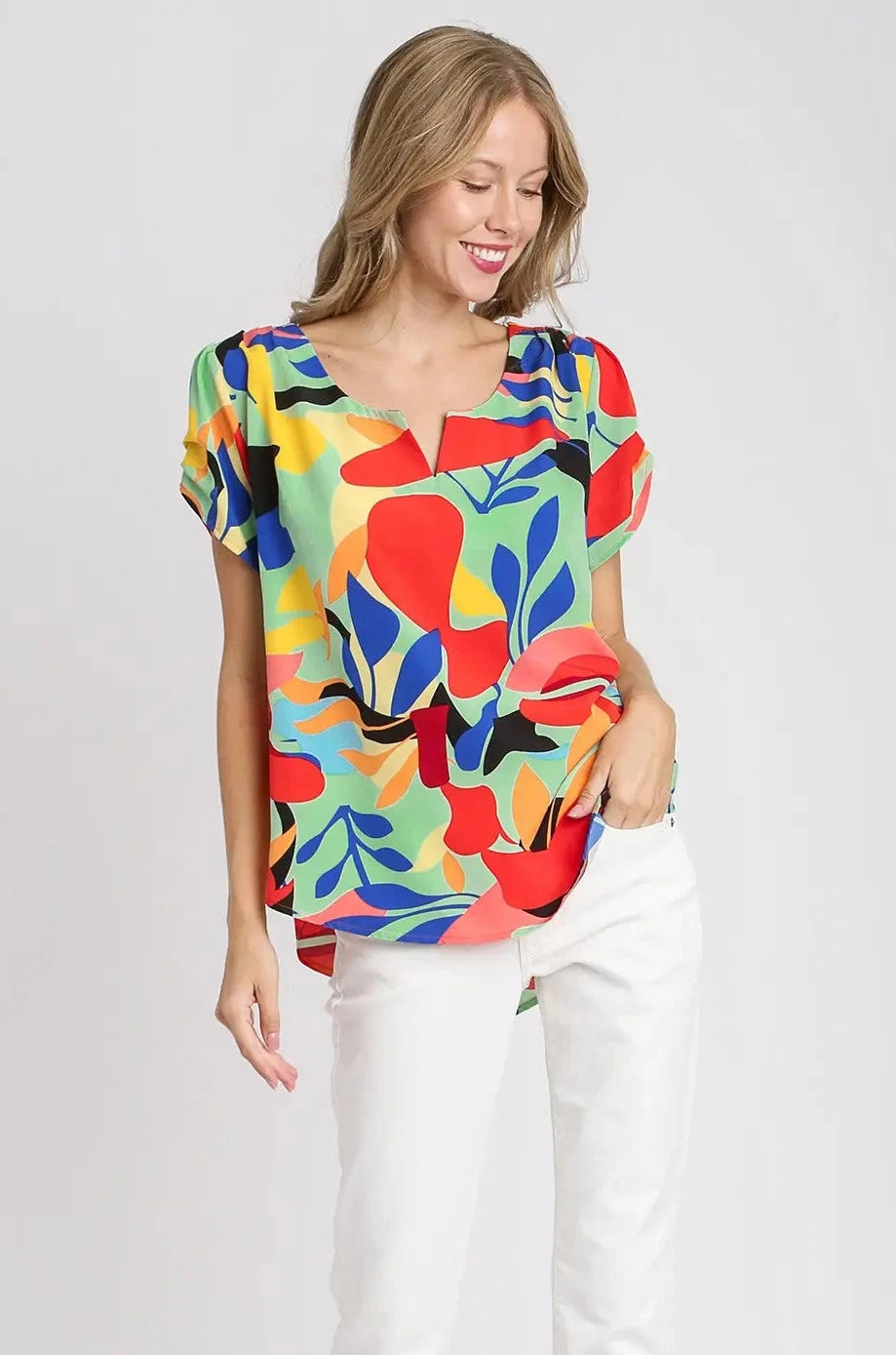 Short Sleeved Abstract Print Top - Mint