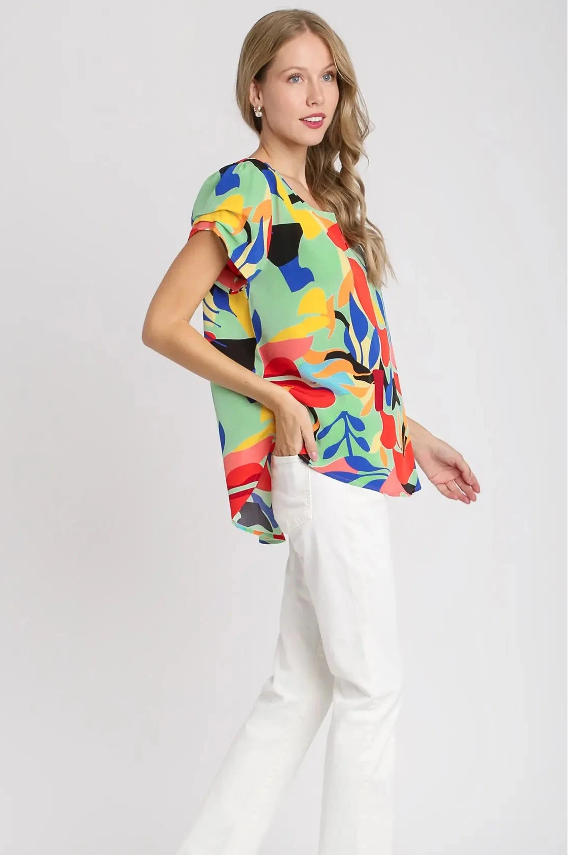Short Sleeved Abstract Print Top - Mint