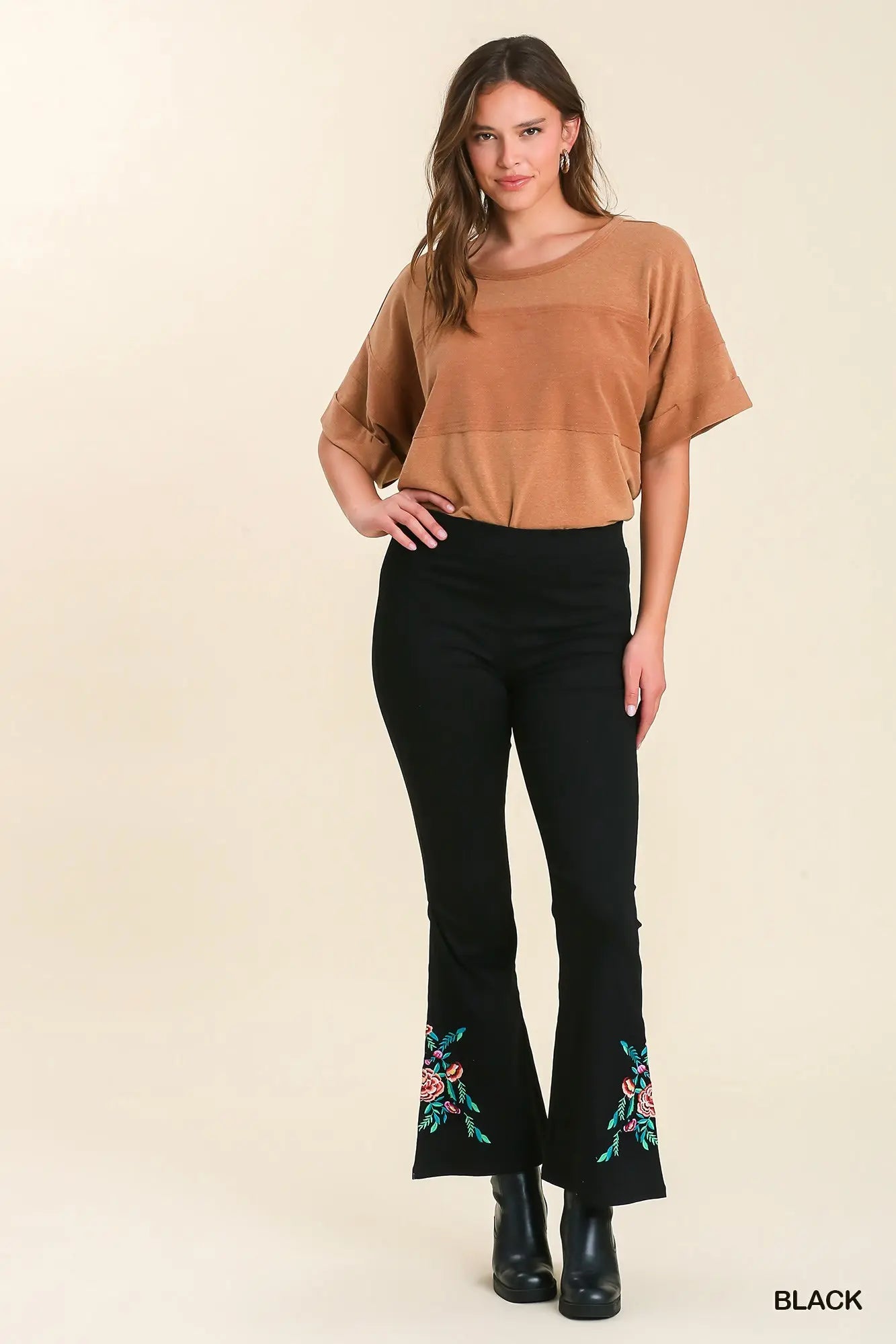 Floral Embroidery High Waisted Flared Pants