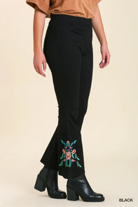 Floral Embroidery High Waisted Flared Pants