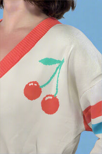 Oversized Cherry Varsity Cardigan - Cream