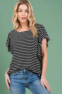 Stripe Ruffle Sleeve T-Shirt - Black