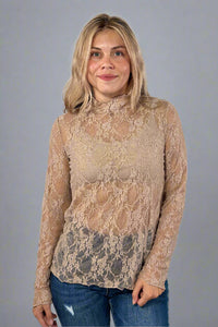 Floral Lace Long Sleeve Top - Mocha