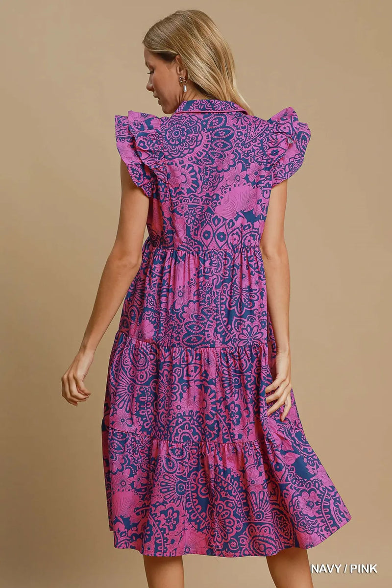 Two Tone Paisley Midi Dress - Navy