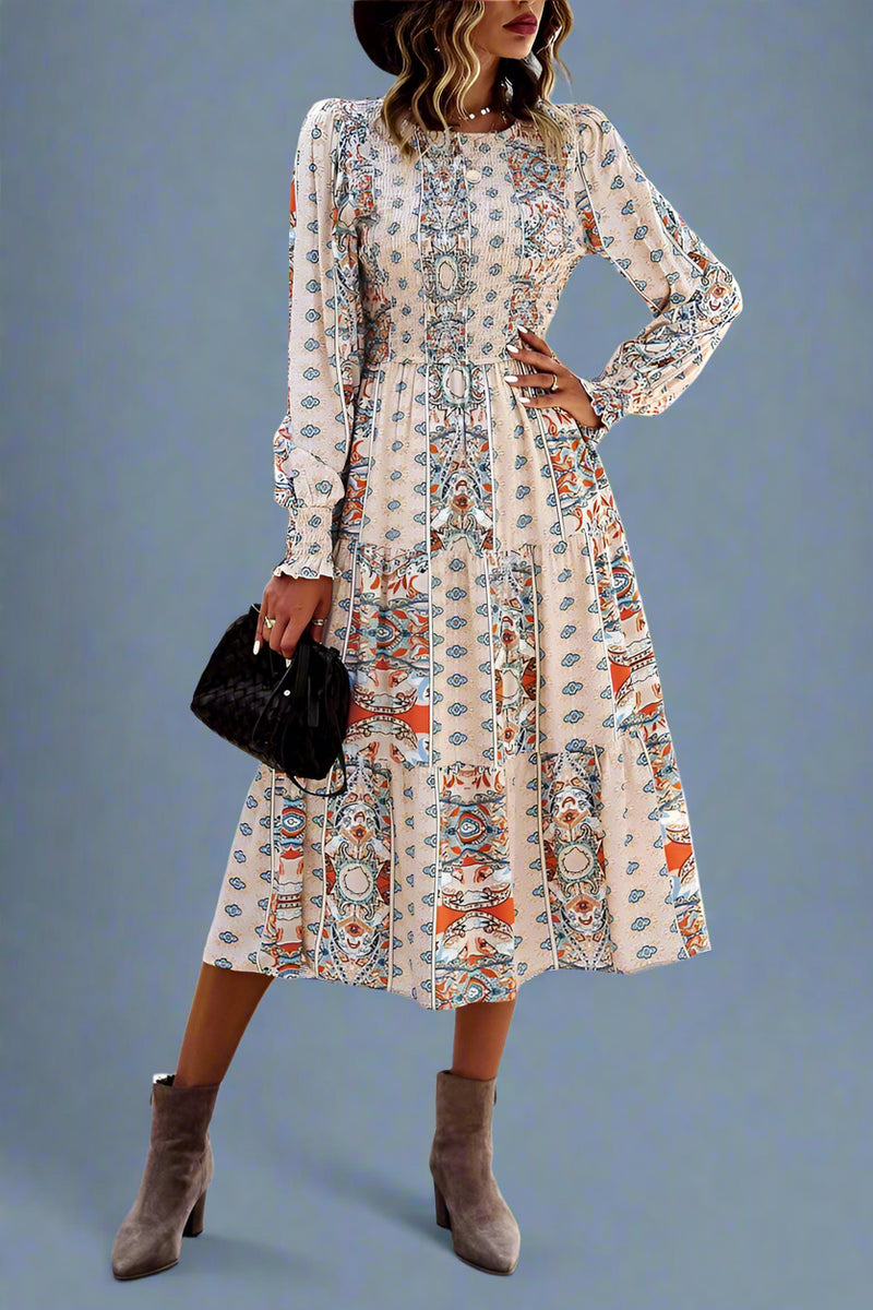 Paisley Smocked Midi Dress - Apricot
