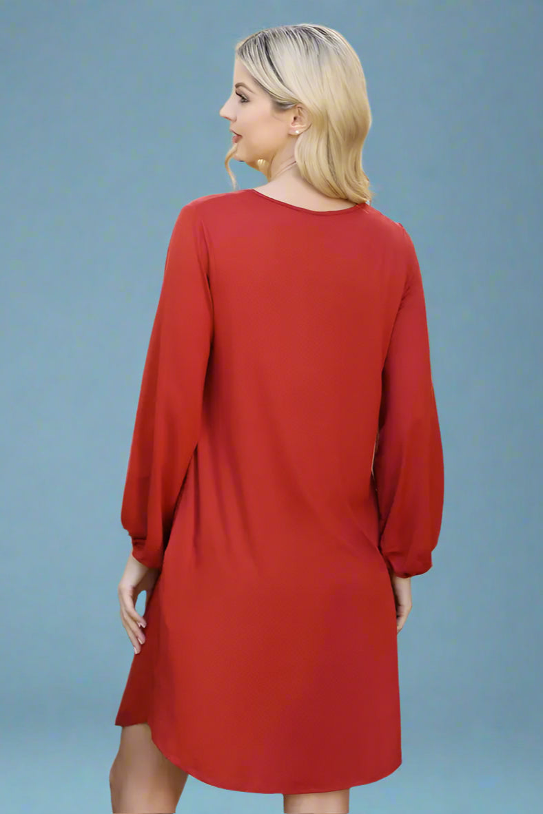 V-Neck Long Sleeve Dress - Rust
