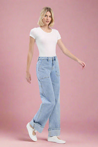 High Rise Carpenter Cuffed Wide Leg Jeans - LV1