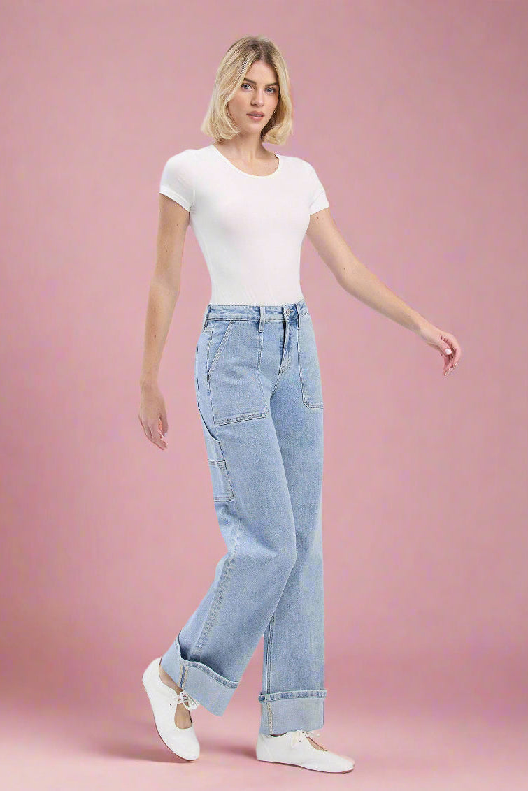 High Rise Carpenter Cuffed Wide Leg Jeans - LV1