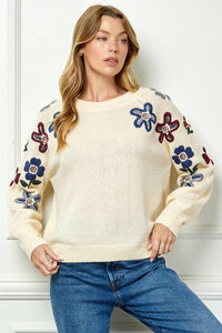 Sweater With Floral Sleeve Embroidery