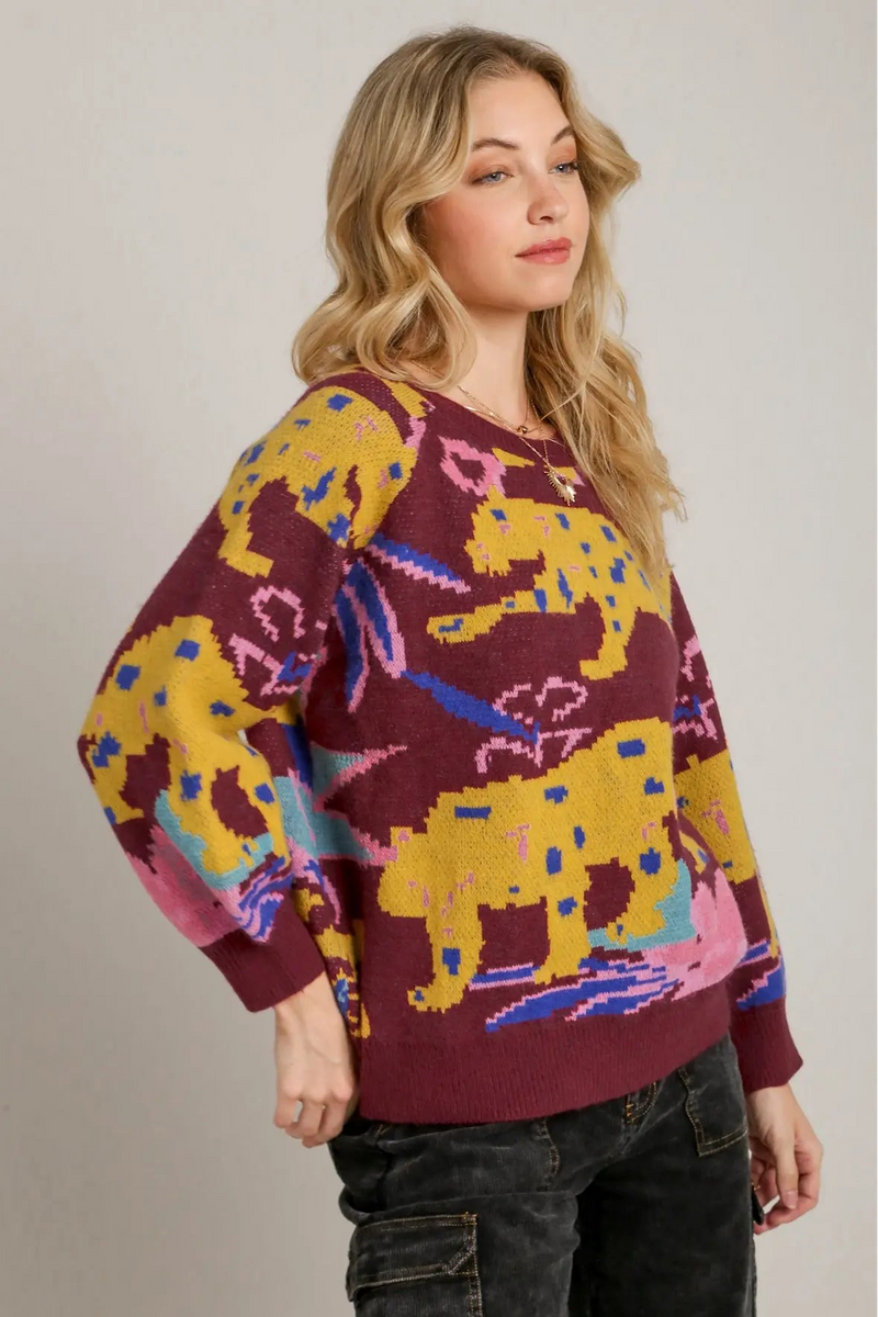 Animal Jacquard Print Sweater - Mulberry
