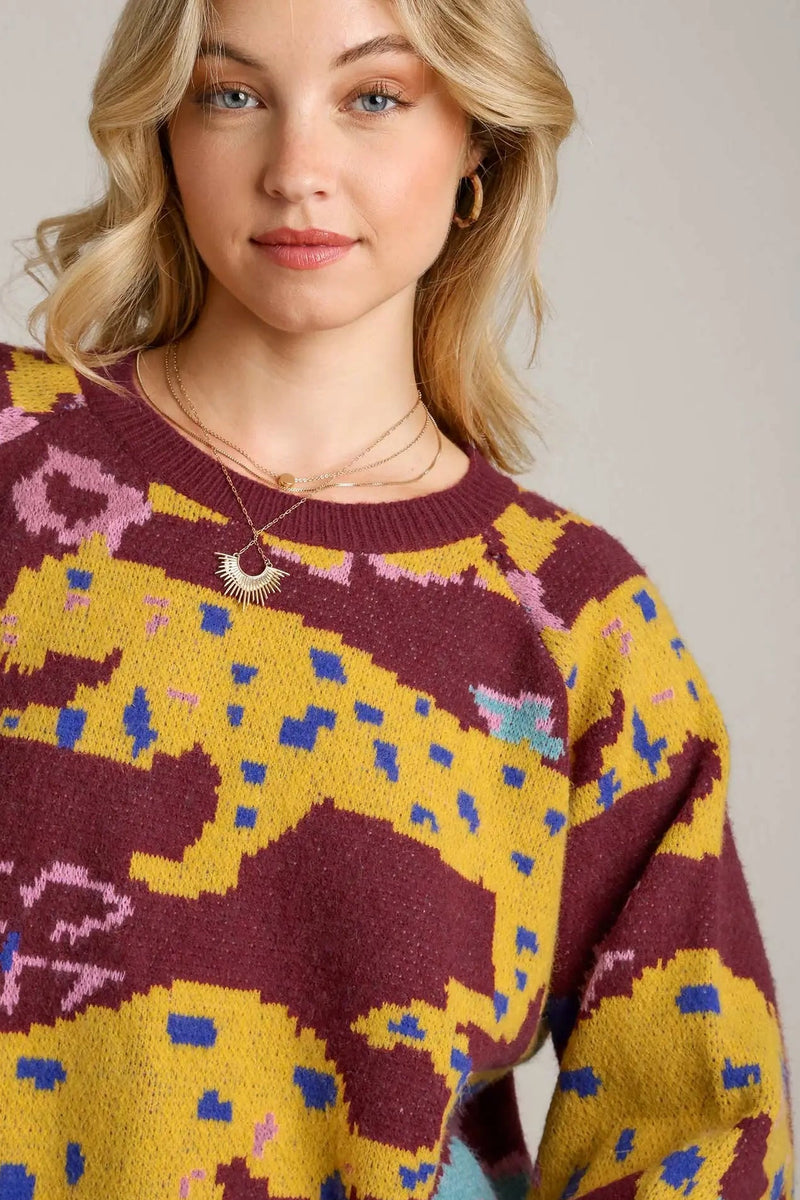 Animal Jacquard Print Sweater - Mulberry