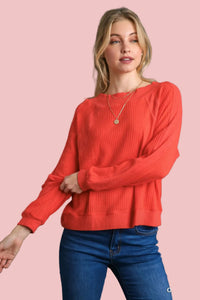 Waffle Knit Fleece Ribbing Top - Orange