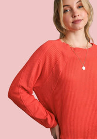 Waffle Knit Fleece Ribbing Top - Orange