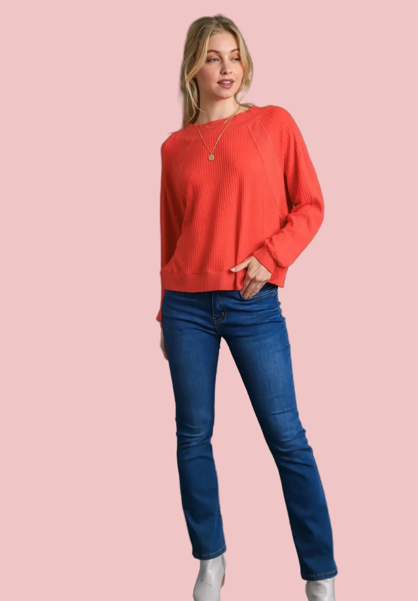 Waffle Knit Fleece Ribbing Top - Orange