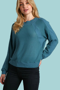 Waffle Knit Fleece Ribbing Top - Teal