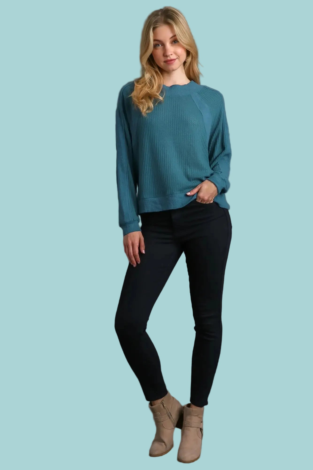 Waffle Knit Fleece Ribbing Top - Teal