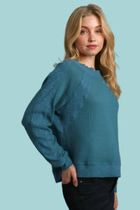 Waffle Knit Fleece Ribbing Top - Teal