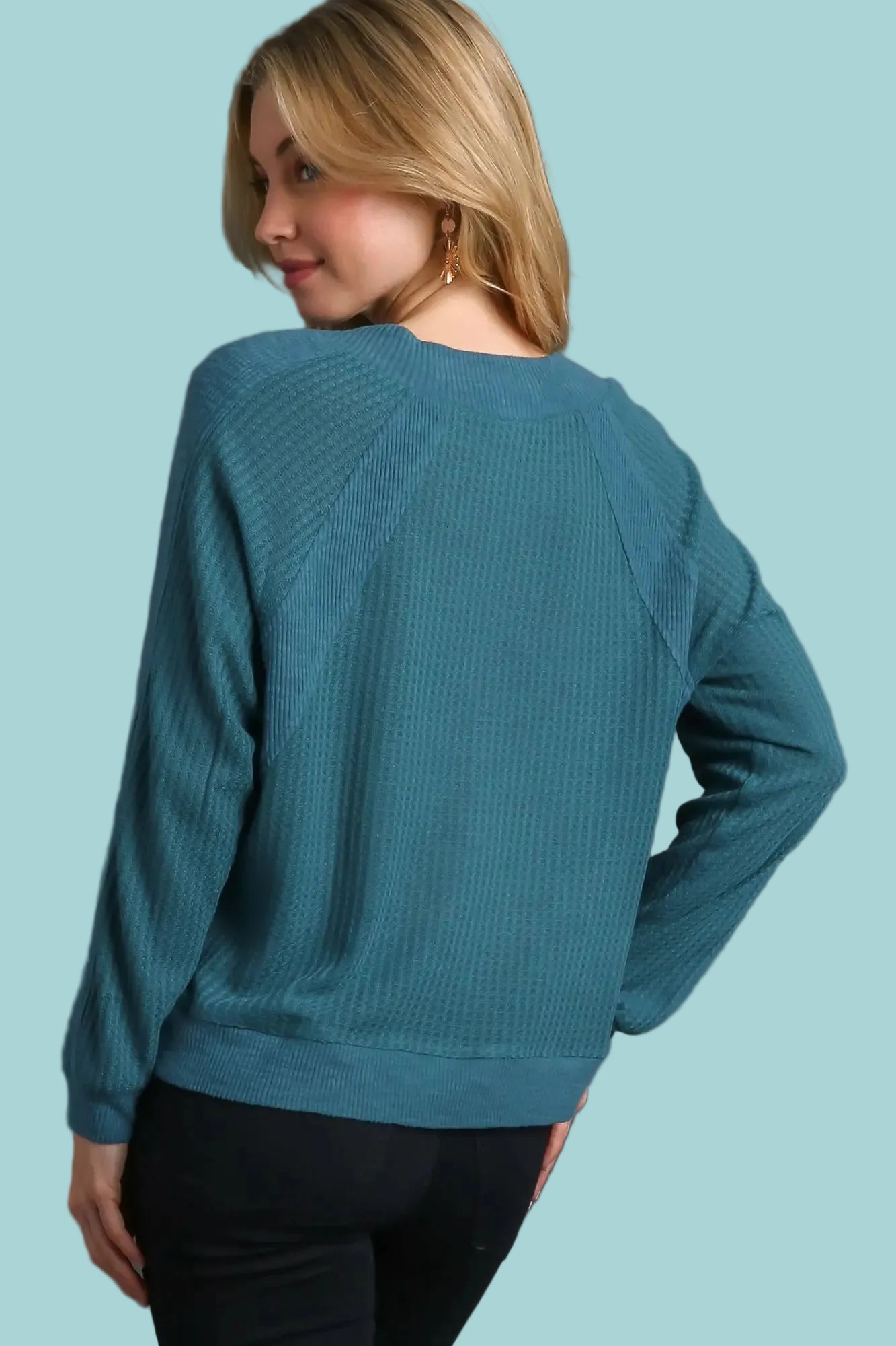 Waffle Knit Fleece Ribbing Top - Teal