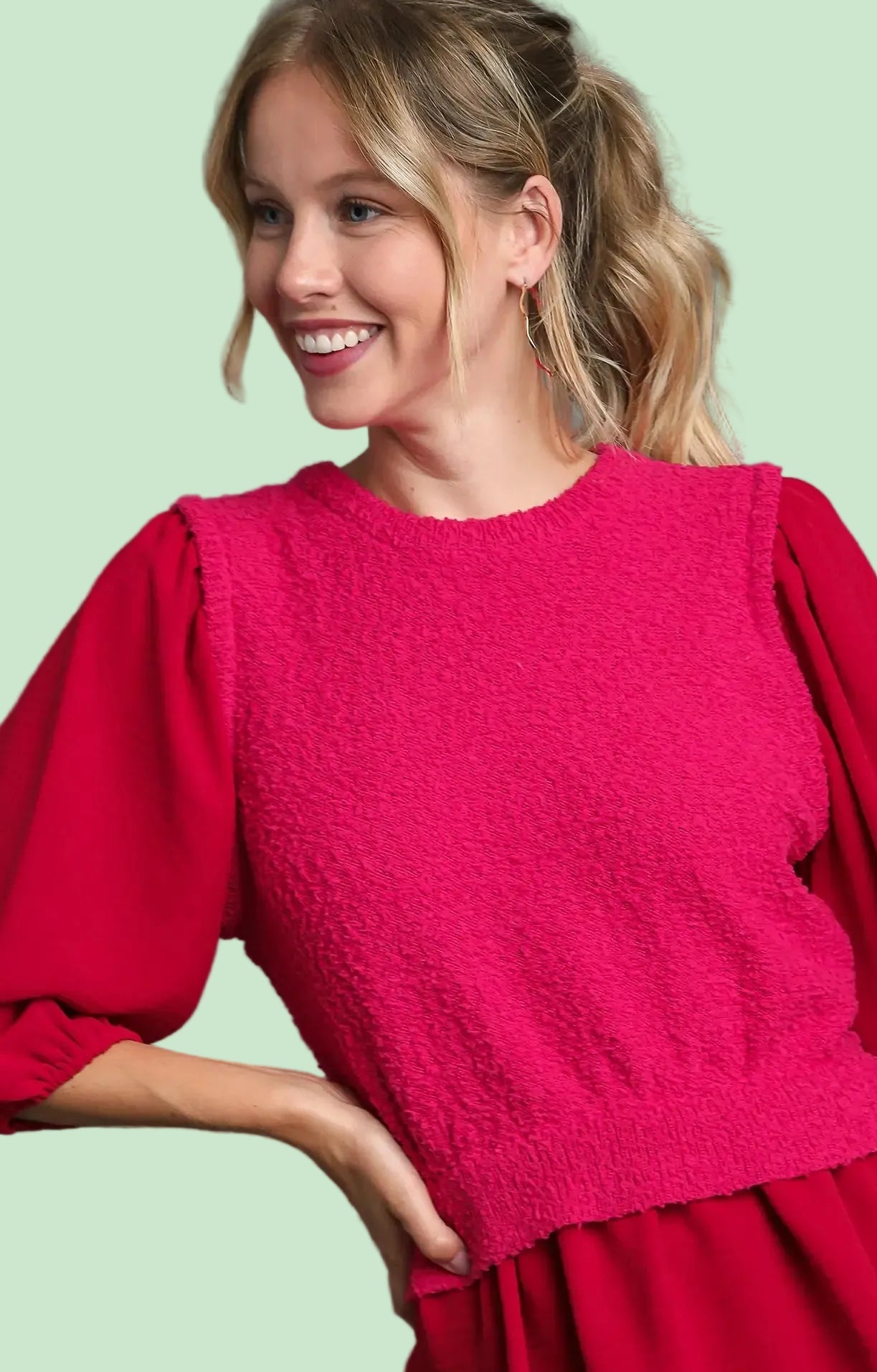 Knit & Woven Mix Top - Red