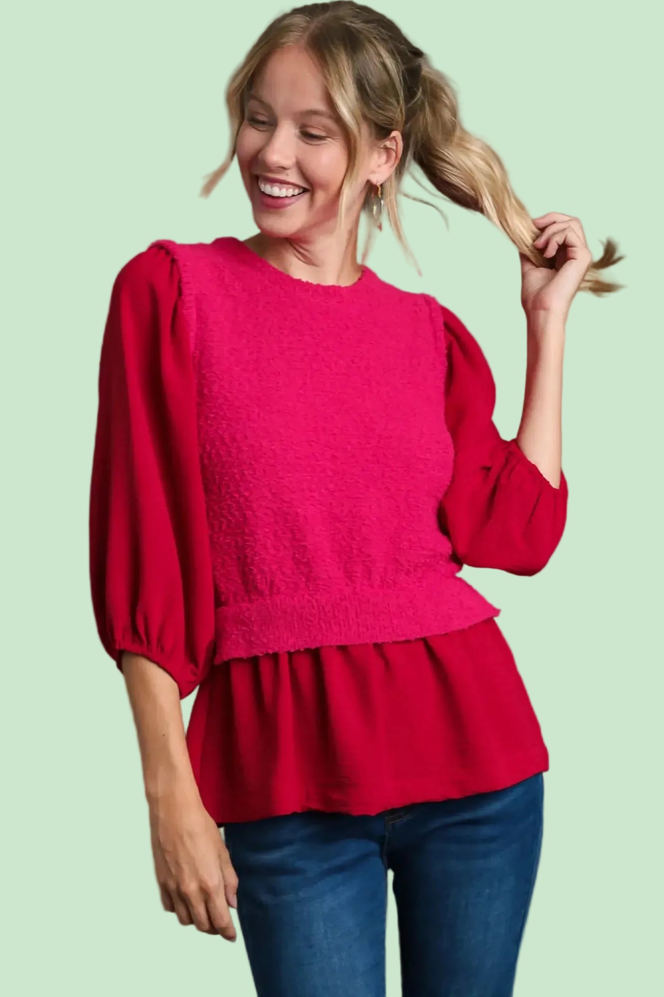 Knit & Woven Mix Top - Red