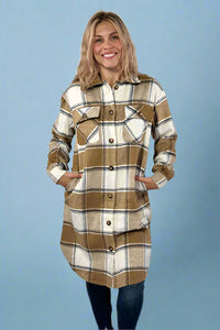 Tan, Cream & Grey Plaid Long Flannel