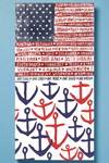 Two different beverage napkin sets. One has American flag print with states written in the stripes and the other has blue and red anchors on white background.