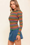 Ribbed Puff Sleeve Striped Top - Pink