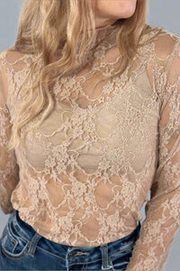 Floral Lace Long Sleeve Top - Mocha