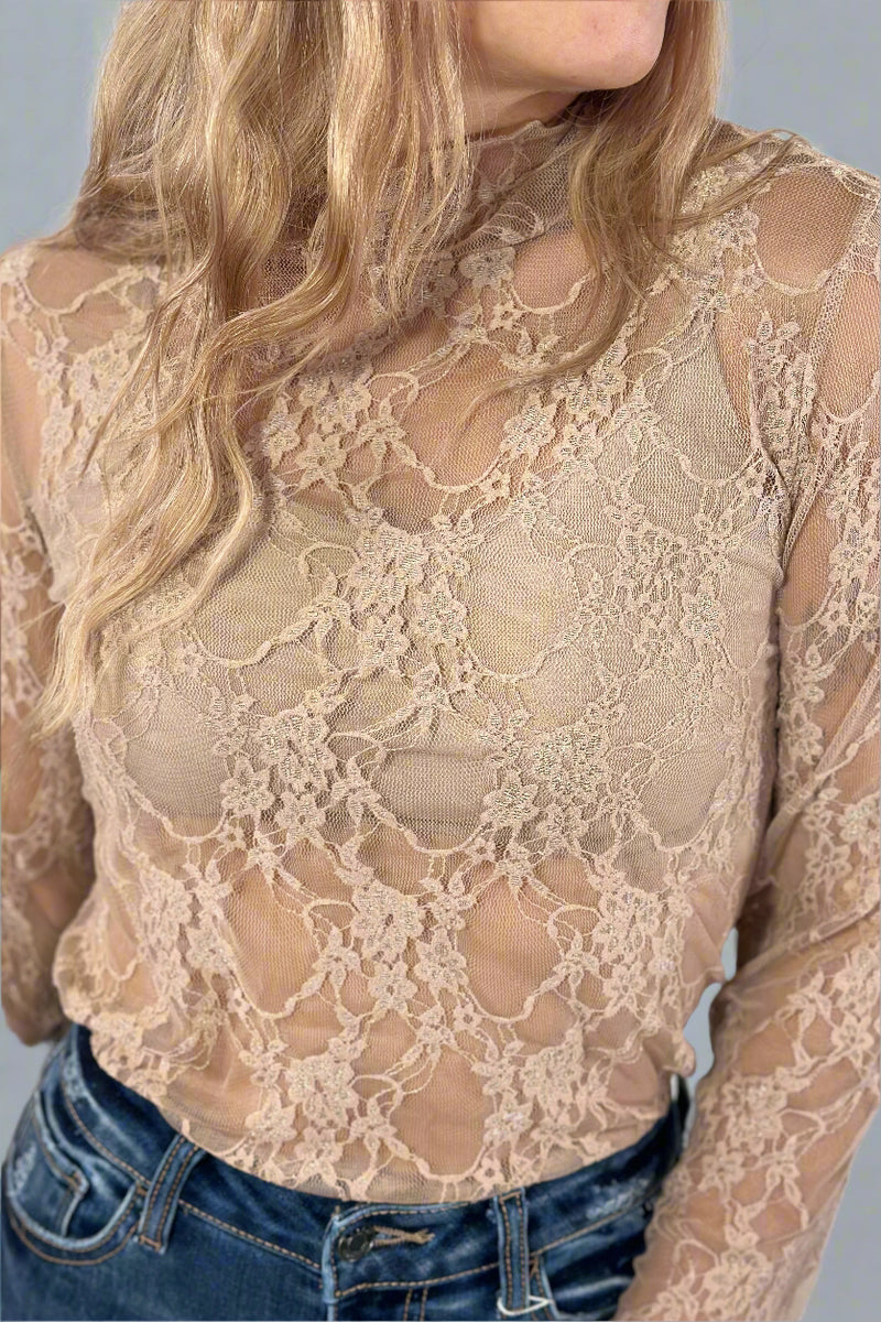 Floral Lace Long Sleeve Top - Mocha