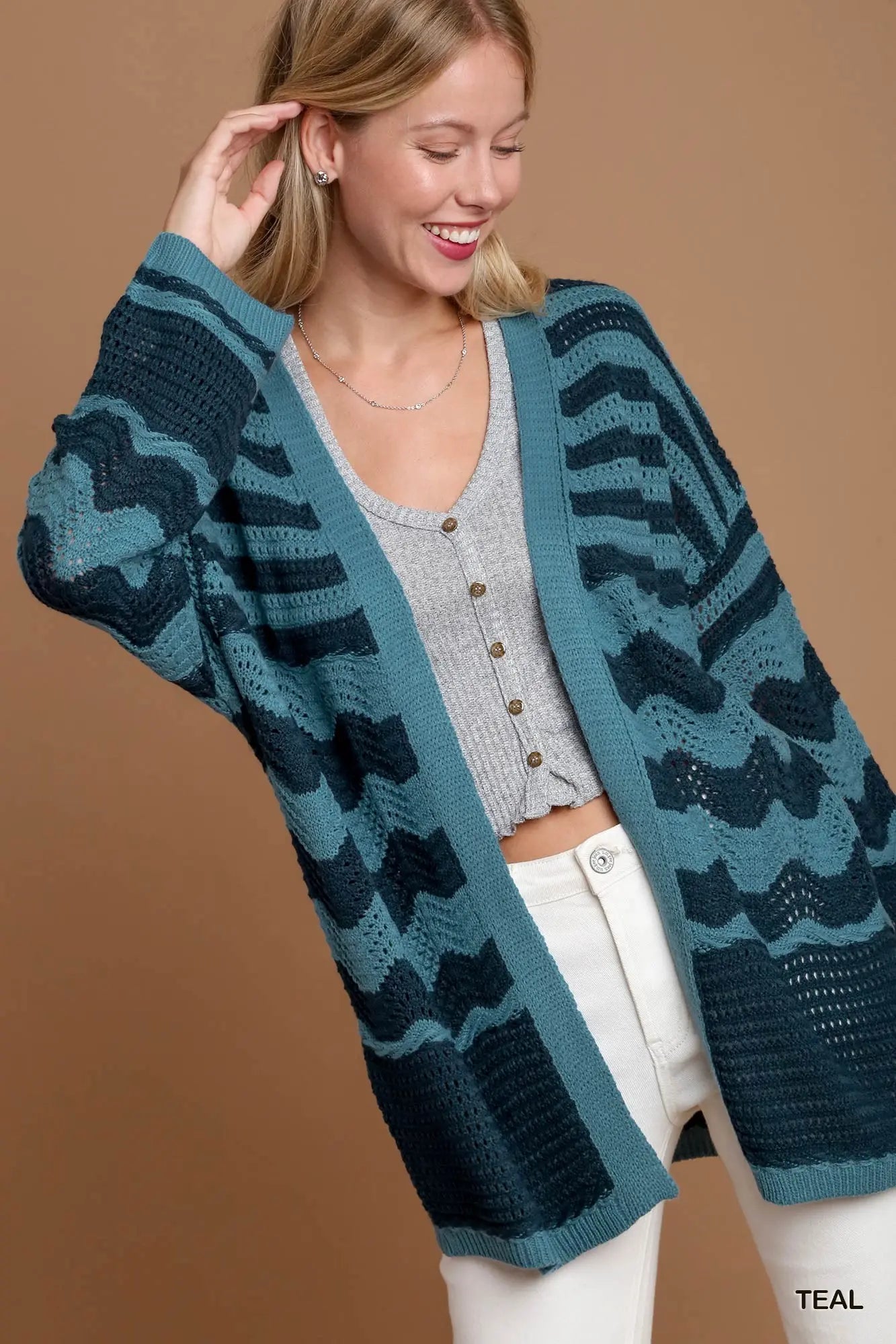 Two Tone Zigzag Cardigan - Teal