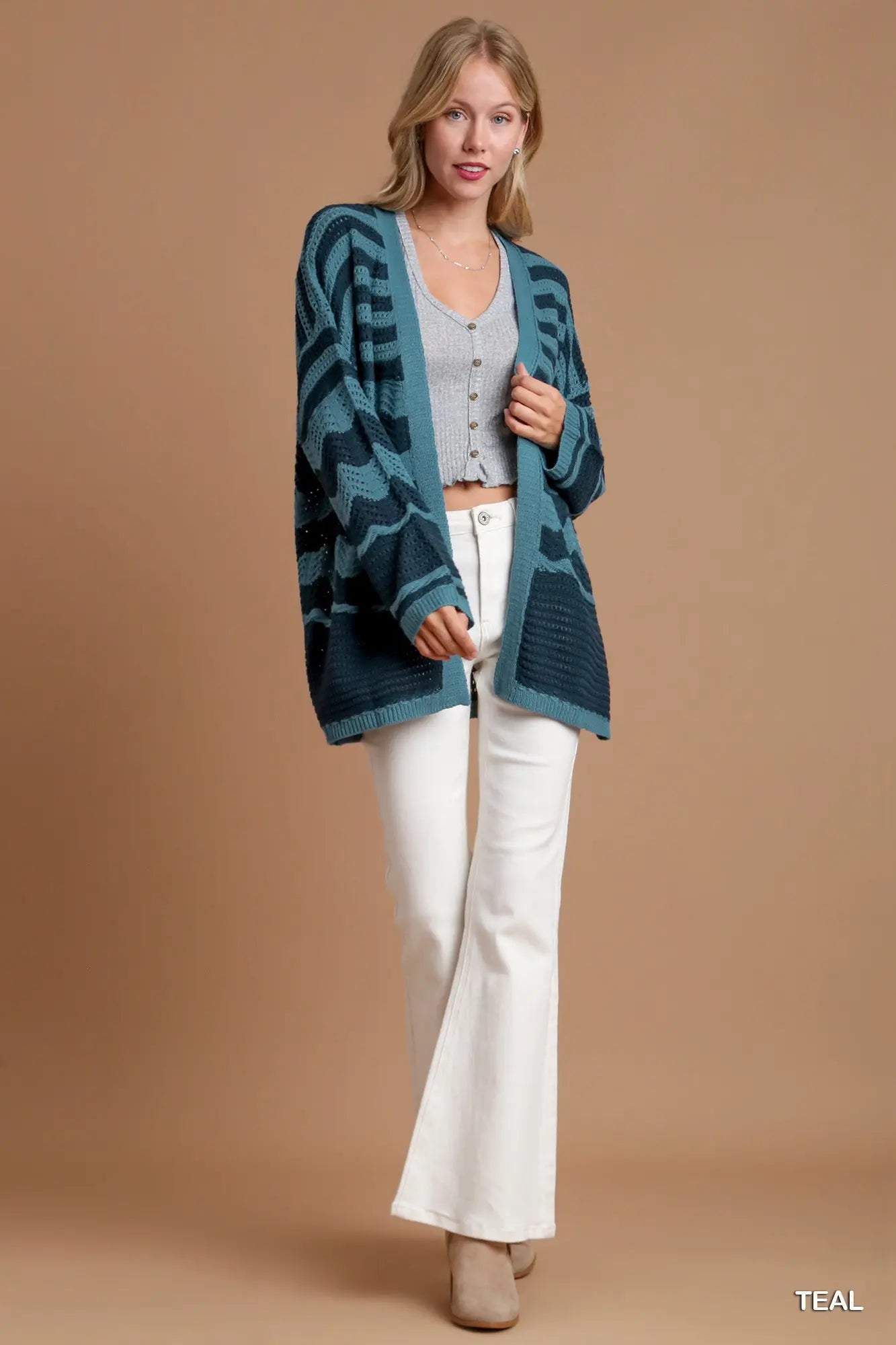 Two Tone Zigzag Cardigan - Teal
