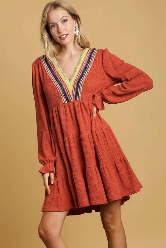 Crochet Embroidery Tiered Dress - Rust