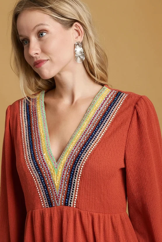 Crochet Embroidery Tiered Dress - Rust